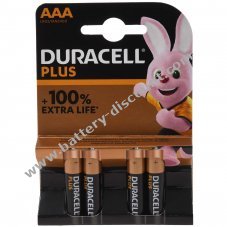 Duracell Battery Alkaline Micro AAA LR03 1.5V Plus Extra Life Retail Blister pack of 4