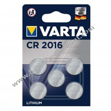 VARTA lithium button cell, battery CR 2016, IEC CR2016, also replaces DL2016, 3V blister pack of 5