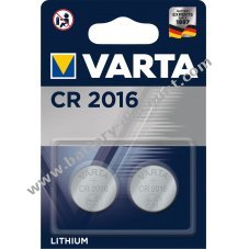 VARTA lithium button cell, battery CR 2016, IEC CR2016, also replaces DL2016, 3V blister pack of 2