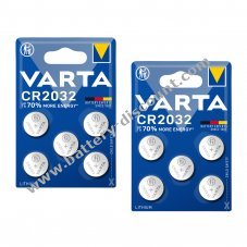 10x VARTA CR2032 DL2032 ECR2032 lithium button cells - 2x blister pack of 5 for watches, car keys & more